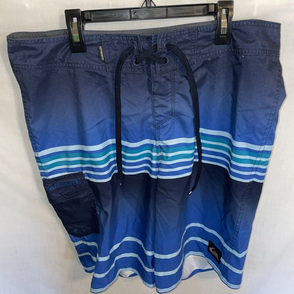 Quiksilver Board Shorts Men’s Size 34 Blue Striped Drawstring Hook & Loop Ins 10